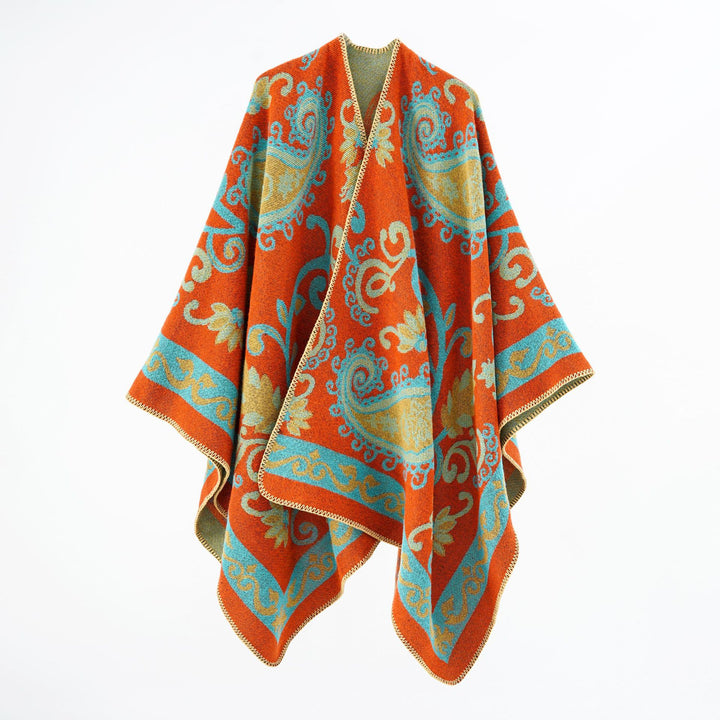 Women's jacquard wool blend poncho with paisley jacquard and open kimono fall Mune Fashion