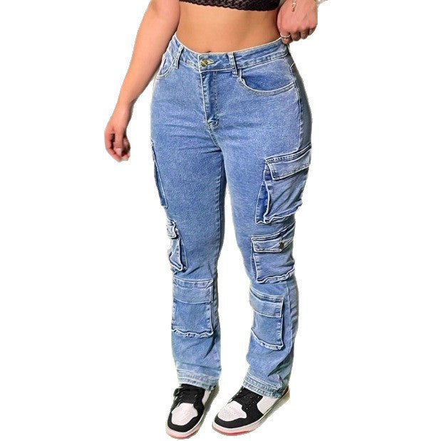 Women’s cargo denim pants with multiple flap pockets, knee panels, and high-waisted fit Mune Fashion