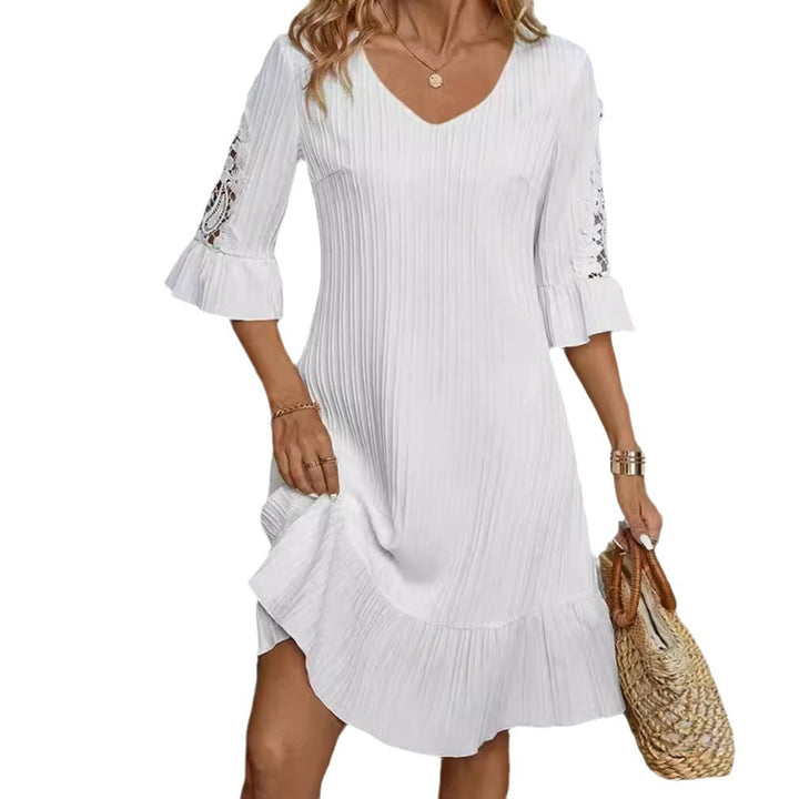 Women's lightweight pleated midi dress with V-neck, three-quarter sleeves with lace trim and ruffled hem Mune Fashion