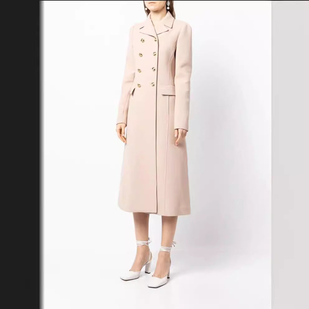 Women Tailored Double-Breasted Wool Blend Coat with Delicate Decorative Buttons and Flap Pockets Mune Fashion
