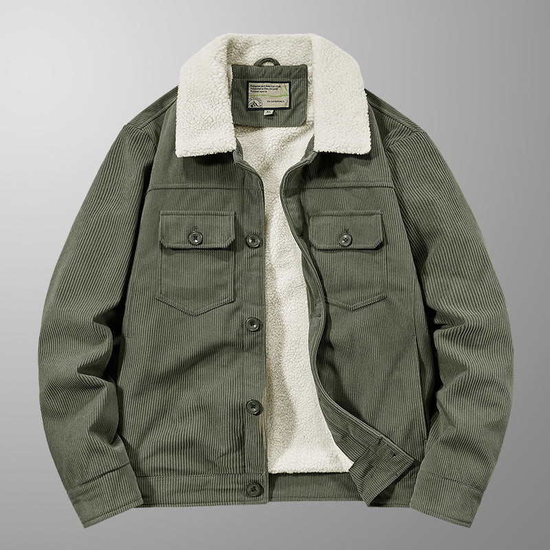 Men's Corduroy Work Jacket with Sherpa Lining, Notched Collar and Snap Button Placket Mune Fashion