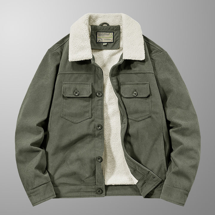 Men's Corduroy Work Jacket with Sherpa Lining, Notched Collar and Snap Button Placket Mune Fashion