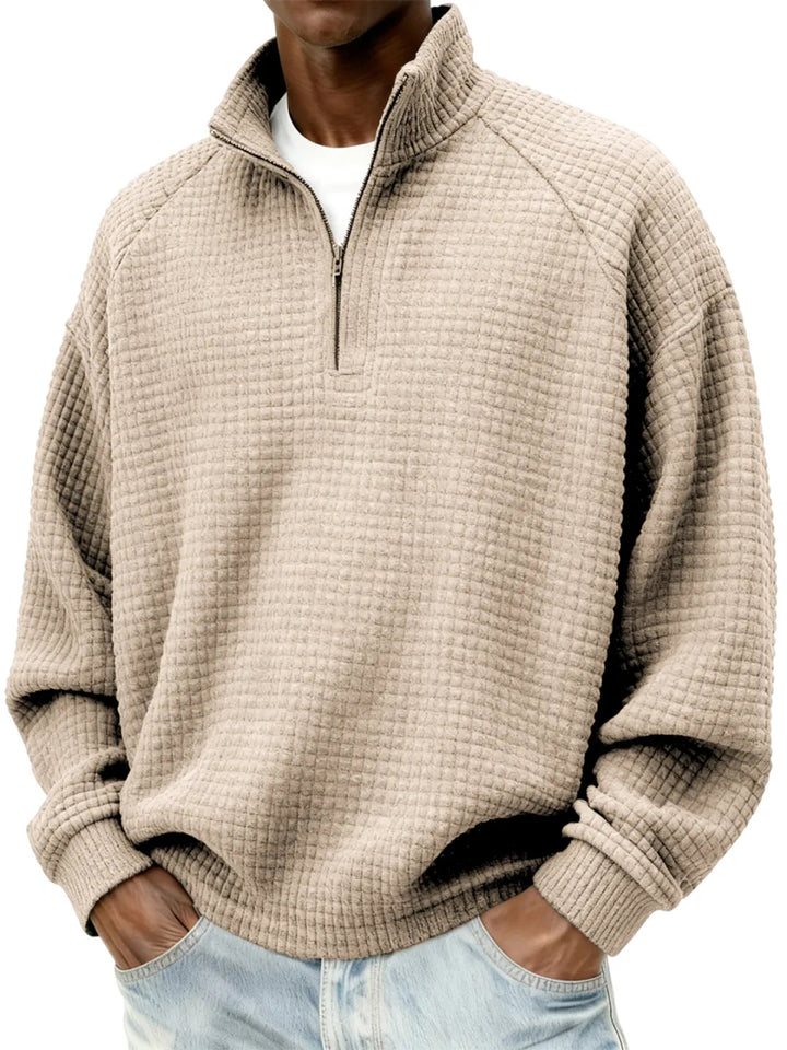 Men's Waffle Knit Oversized Sweater with Half-Zip and Stand-Up Collar Mune Fashion