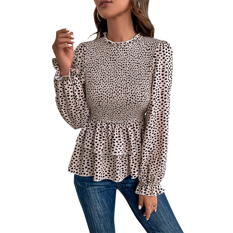 Women's Smocked Ruffle Blouse with Ruffled Waist and Long Sleeves Mune Fashion