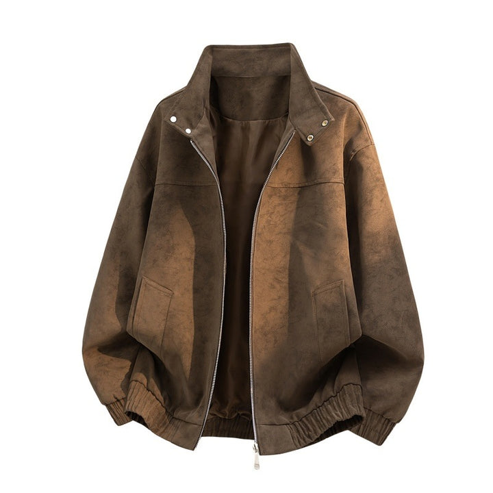Men's Oversize Velour-Optic Bomber Jacket with Stand-Up Collar, Two-Way Zipper & Elastic Hem