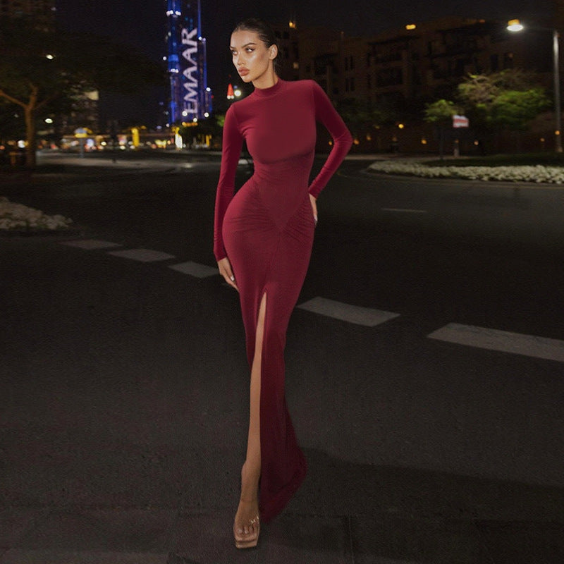 Women's Figure-Hugging Evening Maxi Dress with High Round Neck, Long Sleeves, Gathered Hip Area and Front Slit Mune Fashion