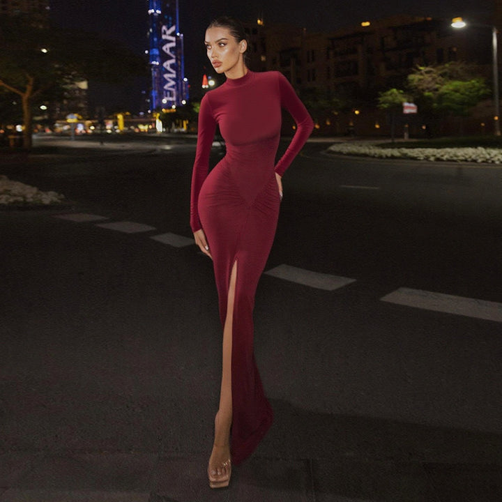 Women's Figure-Hugging Evening Maxi Dress with High Round Neck, Long Sleeves, Gathered Hip Area and Front Slit Mune Fashion