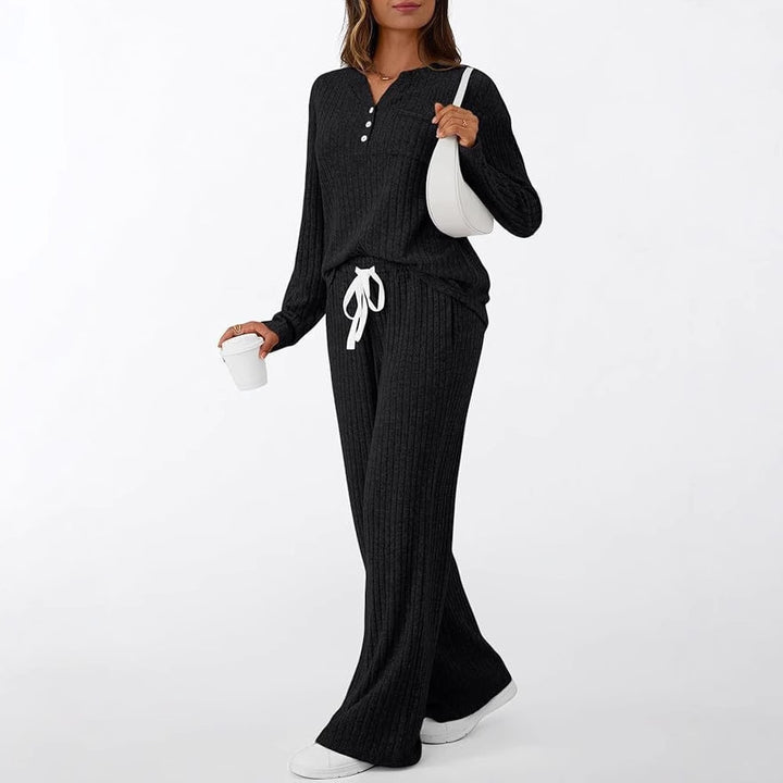 Women Ribbed Knit Lounge Set with Button Placket and Wide Drawstring Pants Mune Fashion