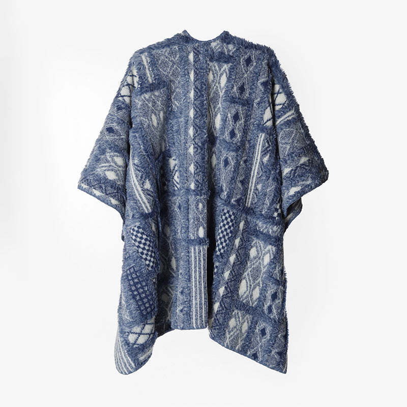 Women's Structured Jacquard Ruana Poncho with Fringe Look and Open Oversize Silhouette