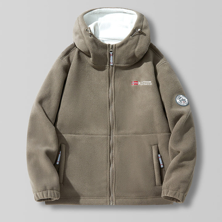 Unisex Hooded Fleece Jacket with high collar, full zip and side pockets.