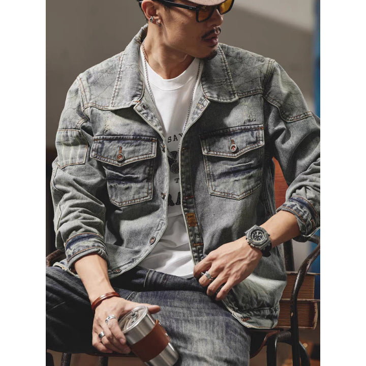 Men's denim jacket in a used look with shirt collar, flap chest pockets, and relaxed fit Mune Fashion