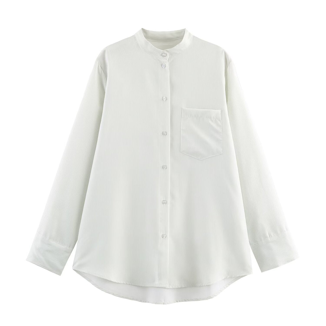 Women Oversize Shirt Blouse with Stand Collar, Chest Pocket and Curved Hem Mune Fashion