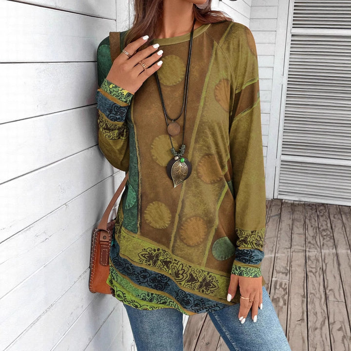 Women's Long Sleeve Shirt with Boho Print and Patchwork Sleeves Mune Fashion