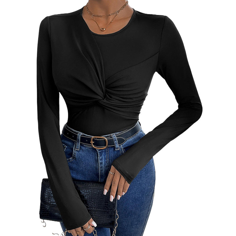 Women Figure-hugging Twist Long Sleeve with Knot Detail and Round Neckline Mune Fashion