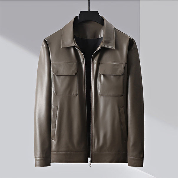 Men's minimalist faux leather jacket with full zip and patch chest pockets Mune Fashion