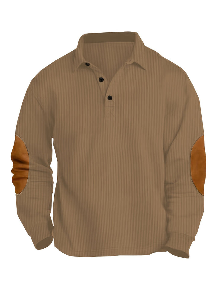 Men's nan legeres long sleeve polo shirt with shirt collar, short button placket, fine texture and velour elbow patches Mune Fashion