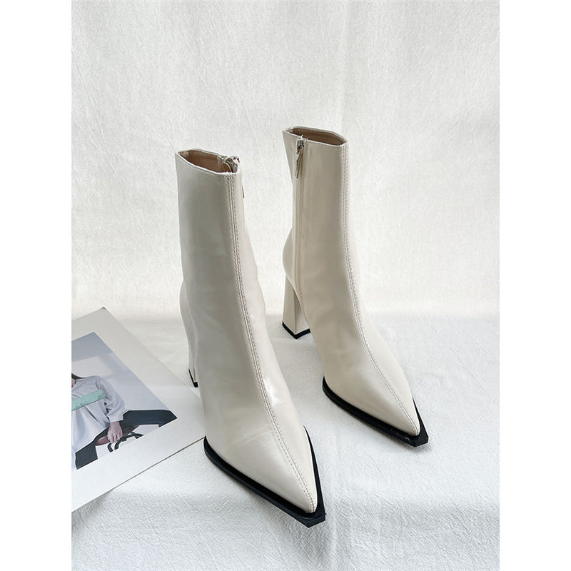 Women's Elegant Pointed Ankle Boots with Geometric Block Heel and Slim Shaft Cut Mune Fashion
