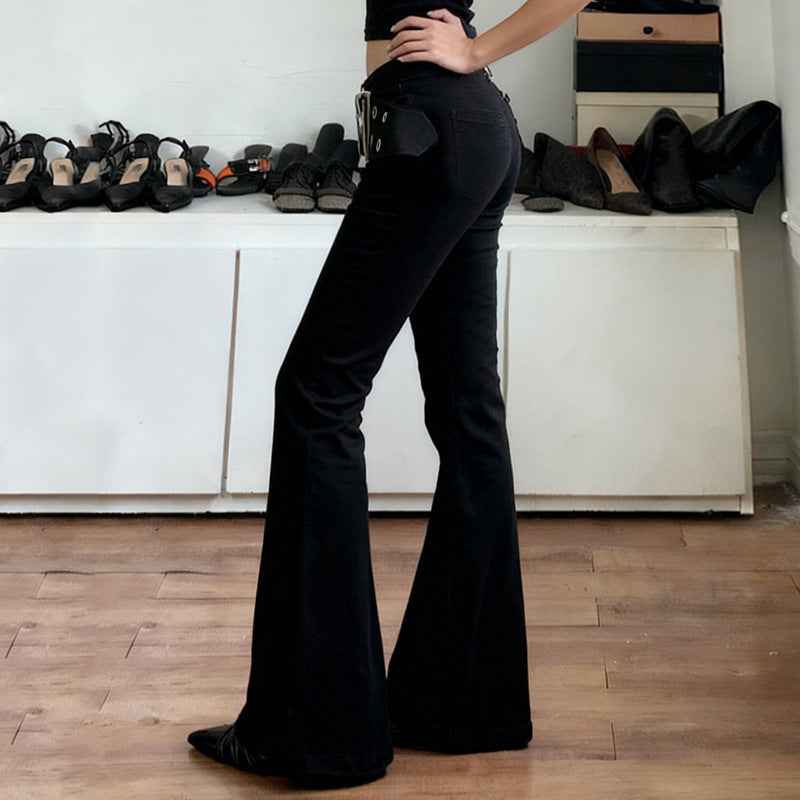 Women High-Waisted Flared Pants made of Stretch Denim with Grommet Belt Mune Fashion