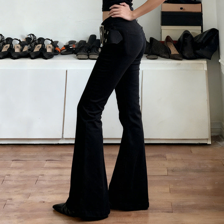 Women High-Waisted Flared Pants made of Stretch Denim with Grommet Belt Mune Fashion