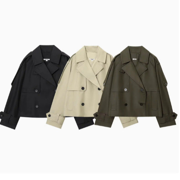 Women 300+ short double-breasted cropped trench coat with epaulettes and adjustable cuffs Mune Fashion