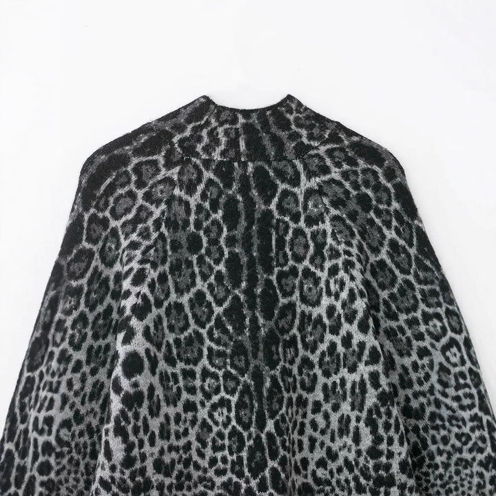Women's Oversize Poncho with Leopard Jacquard, Structured Roll Neck and Flared A-Line Silhouette Mune Fashion