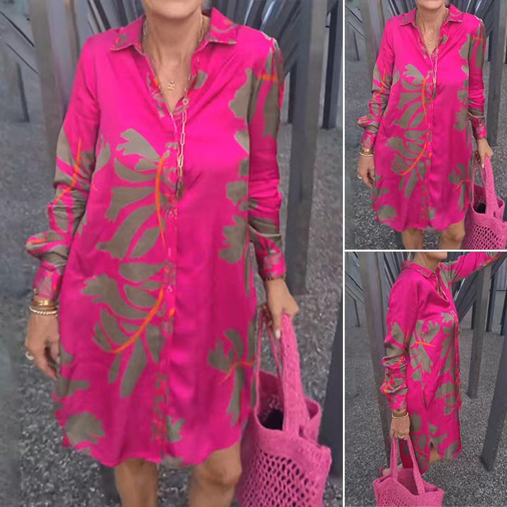 Women's loose falling shirt dress with continuous button placket, shirt collar, cuffs, and large botanical print Mune Fashion