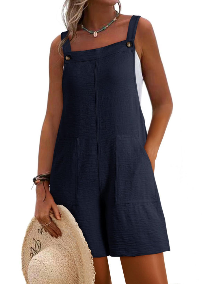Women Casual Short Overall with Straps, Front Pockets and Linen Look Mune Fashion