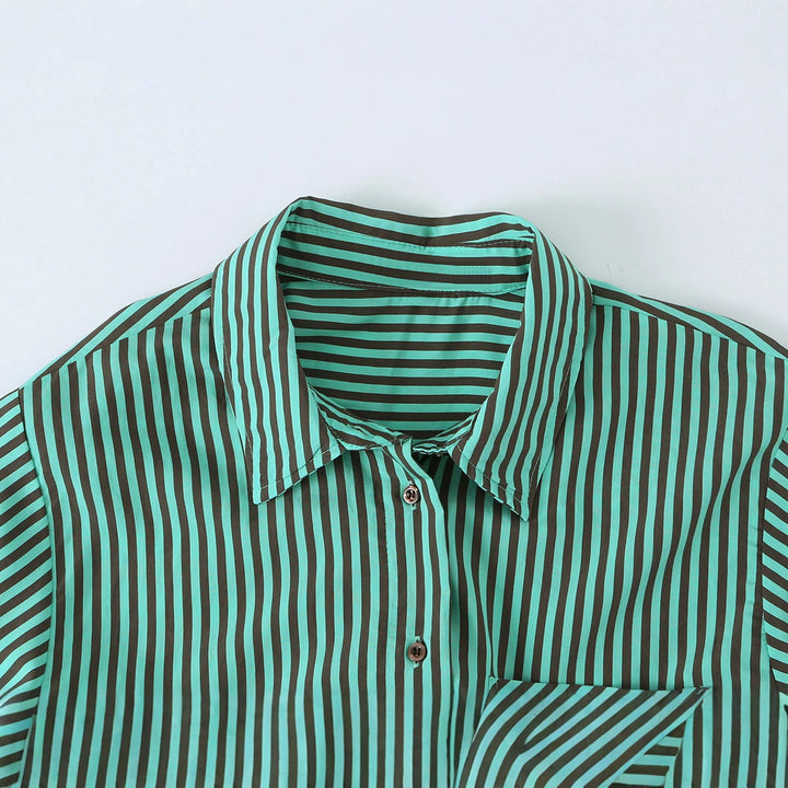 Women's oversized shirt with diagonal striped design, asymmetrical hem, and chest pocket Mune Fashion