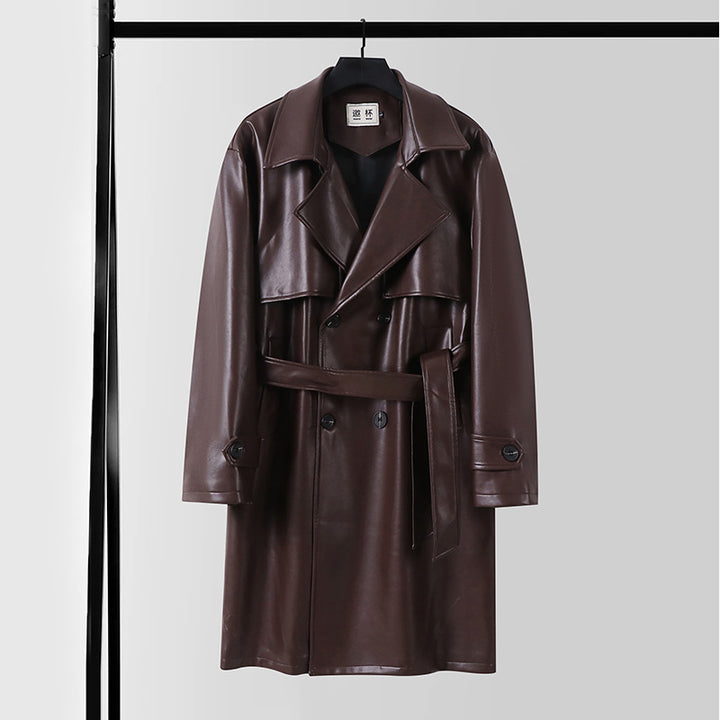 Men's Faux Leather Trench Coat with Double-Breasted, Oversized Cut and Cuff Straps Mune Fashion