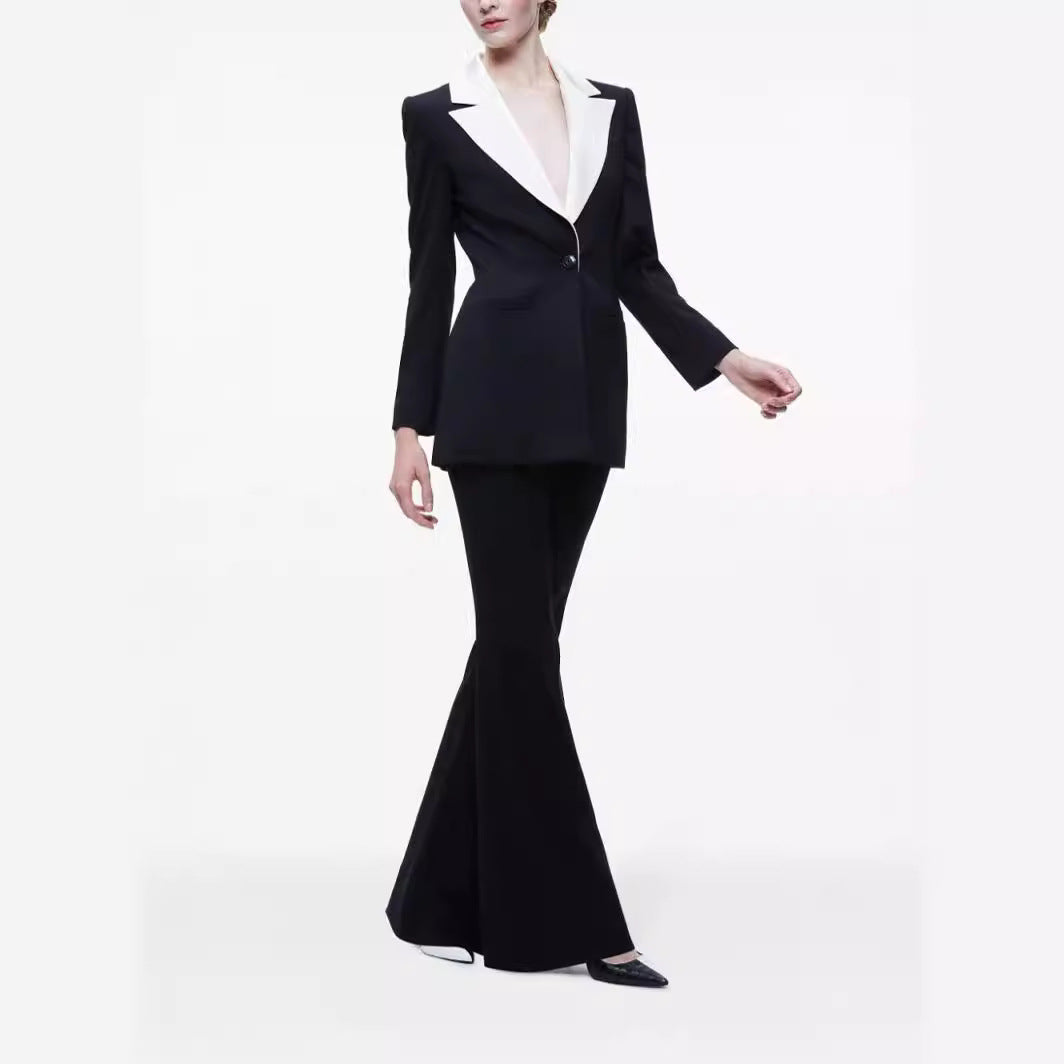 Ladies Elegant Two-Piece Tuxedo Set with Contrasting Shawl Collar and Flared Trouser Mune Fashion