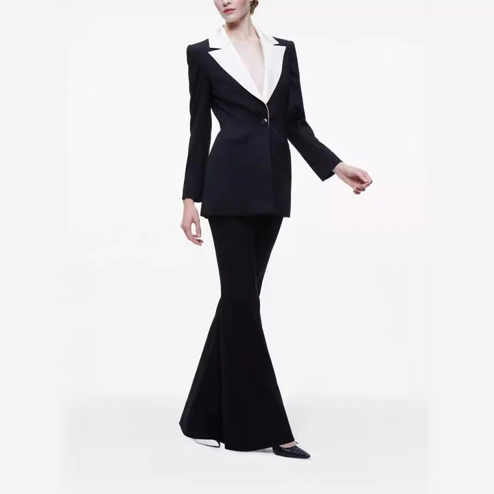 Ladies Elegant Two-Piece Tuxedo Set with Contrasting Shawl Collar and Flared Trouser Mune Fashion