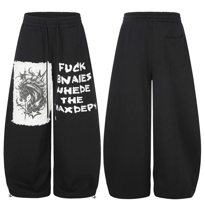 Women Extra Wide Palazzo Sweatpants in Street Style with Horse Patch, Drawstring Waistband and Adjustable Hem