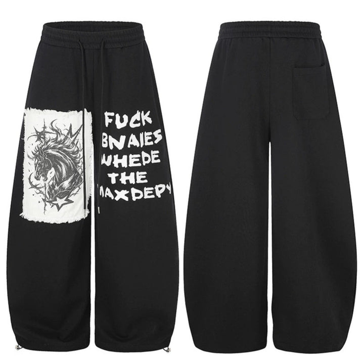 Women Extra Wide Palazzo Sweatpants in Street Style with Horse Patch, Drawstring Waistband and Adjustable Hem