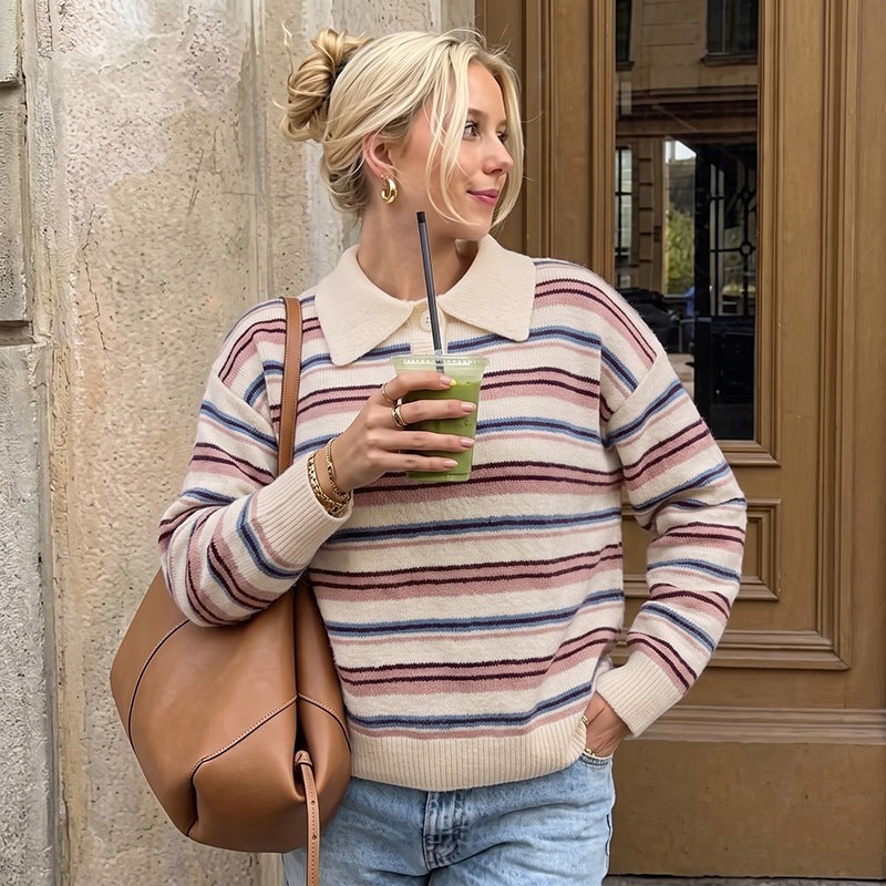 Women's Casual Knit Sweater with Polo Collar and Stripes Mune Fashion
