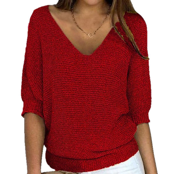 Women's casual knit sweater with V-neck and bat sleeves Mune Fashion