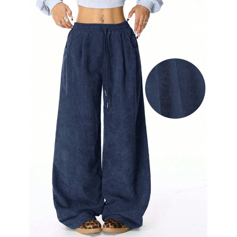 Ladies Wide Cord Pants with High Elastic Waist and Drawstring Mune Fashion