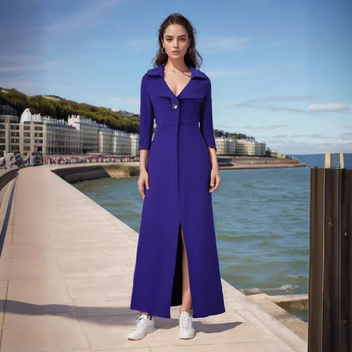 Mune | Ladies Elegant Long Coat with Classic Lapels and Modern Accents