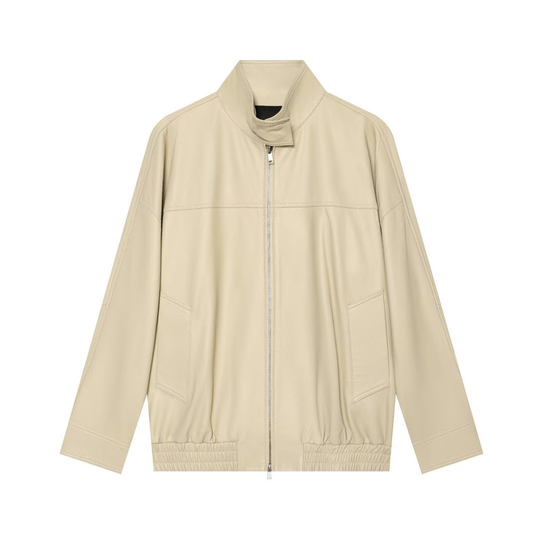 Women's Oversize Faux Leather Blouson Jacket with Stand-Up Collar Mune Fashion