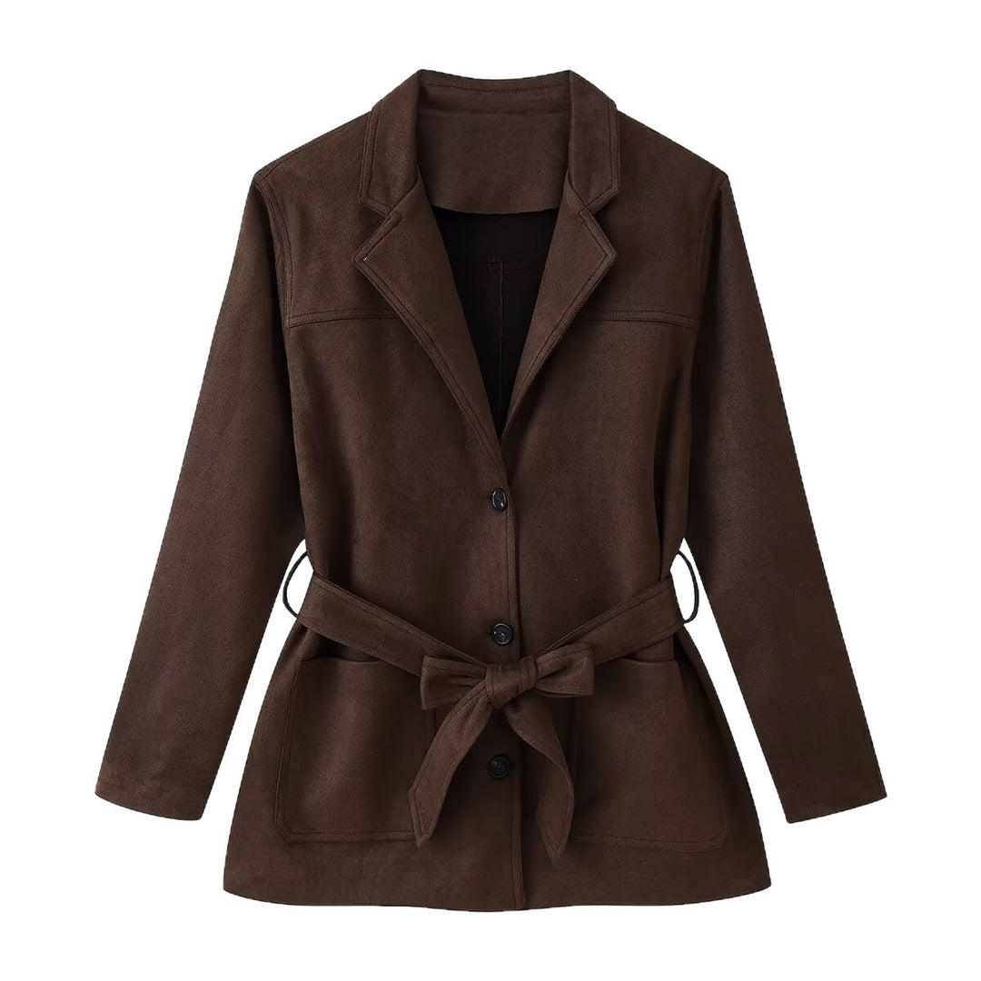 Ladies Tailored Suede Look Blazer with Ties and Patch Pockets Mune Fashion