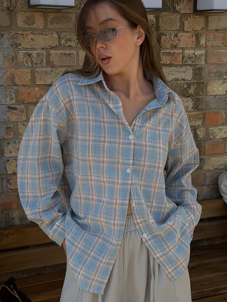 Women's Oversize checkered linen look blouse with shirt collar, full button placket & casual silhouette Mune Fashion