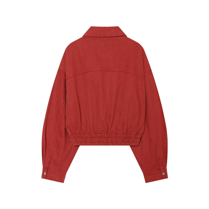 Women's Cropped Boxy Bomber Jacket with Shirt Collar, Zipper and Elastic Hem Mune Fashion