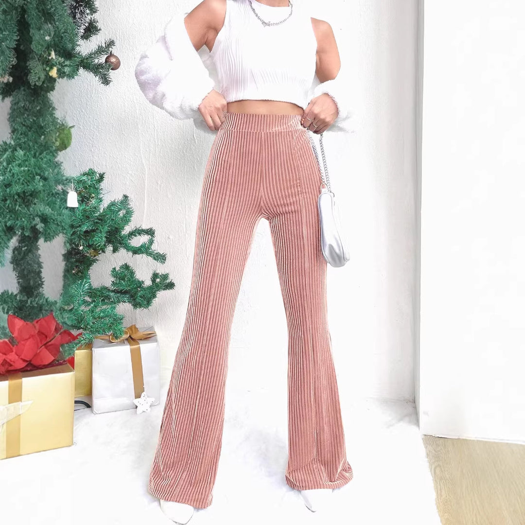 Women's High-Waisted Ribbed Velvet Pants with Wide Legs Mune Fashion