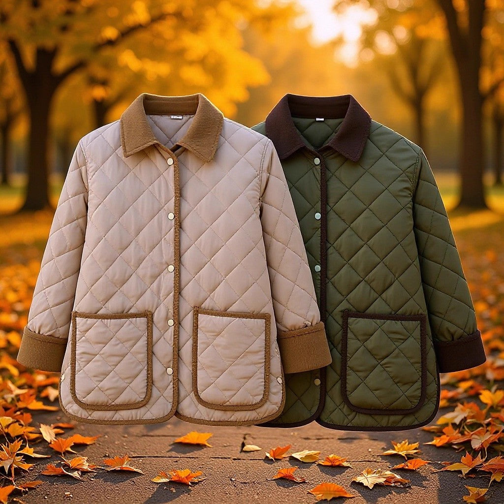 Ladies quilted jacket with cord collar, flap pockets and snap button closure Mune Fashion