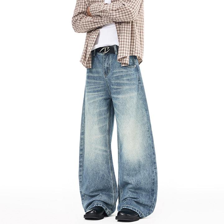 Men's Extra Wide Palazzo Denim Jeans with Low Crotch and Used Effect Mune Fashion