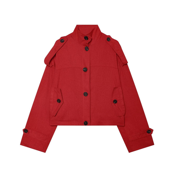 Women's Short Utility Jacket in Cropped Cut with Stand Collar and Shoulder Straps Mune Fashion