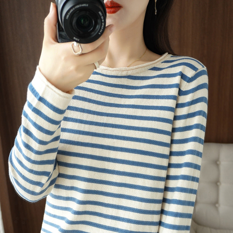 Women’s maritime inspired cotton fine-knit sweater with stripes and slightly boxy silhouette Mune Fashion