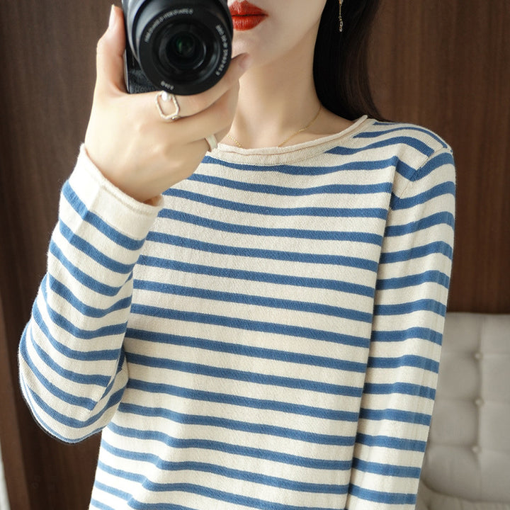 Women’s maritime inspired cotton fine-knit sweater with stripes and slightly boxy silhouette Mune Fashion