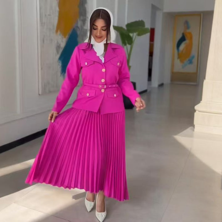Women's Tailored Blazer with Belt and Pleated Maxi Skirt Set Mune Fashion