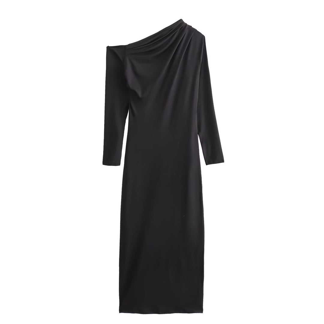 Women's Asymmetric One-Shoulder Maxi Dress with Long Sleeve Mune Fashion
