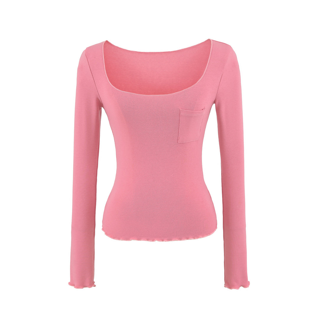 Women's fitted ribbed long-sleeve shirt with wide square neckline and chest pocket Mune Fashion
